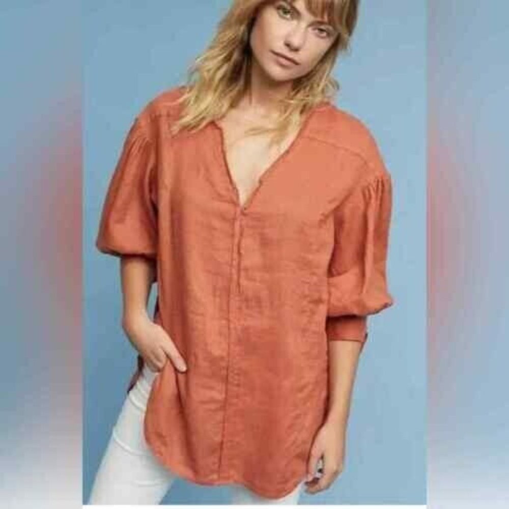 Anthropologie Holding Horses Tunic Top Small Ginnie Linen 3/4 Puff Sleeve